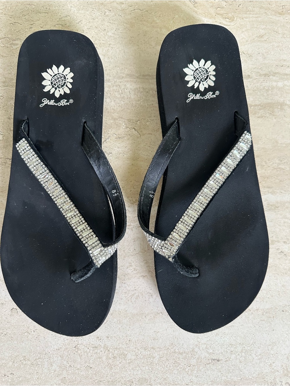 Yellow Box Black Rhinestone Strap Flip Flop Sandals